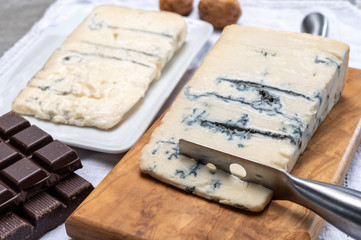Italian food, buttery or firm blue cheese made from cow milk in Gorgonzola, Milan, Italy