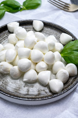 Italian food, fresh fresh green basil and white mini mozzarella soft balls cheese
