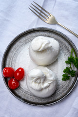 Cheese collection, fresh soft white burrata cheese ball made from mozzarella and cream from Apulia, Italy