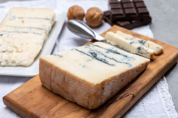 Italian food, buttery or firm blue cheese made from cow milk in Gorgonzola, Milan, Italy