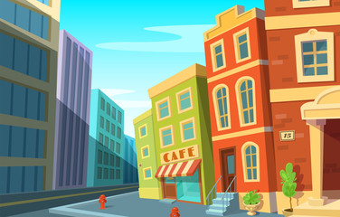 Cityscape. Modern city and old town on the same street. Historic urban area and modern buildings. Cartoon style.