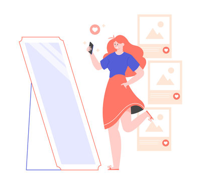 Cute Girl Takes A Selfie Near The Mirror. Influencer And Blogger Checks Activity On Social Networks. Create Photo Content, Vlog, Likes And Comments. Vector Flat Illustration.