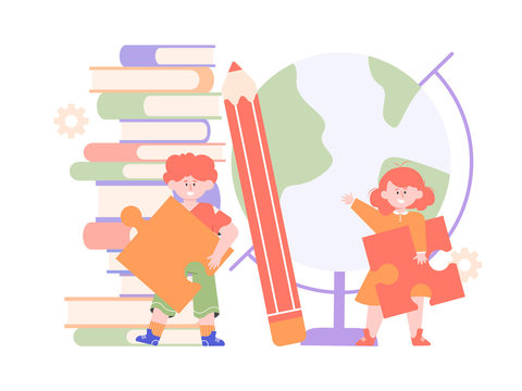 Children with puzzles. Cognition of the world, education and study. Piles of books, giant pencil, globe. Boy and girl preschoolers. Vector flat illustration.