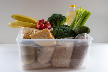 A set of products in a box. Delivery. Donation.