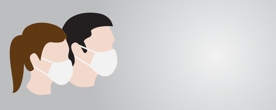 Man and Woman in facemasks on gradient gray background (vector illustration)