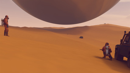 Large Alien Silver Sphere Floating above Desert Sand Dunes with People in Hazmat Suits Observing it 3d illustration