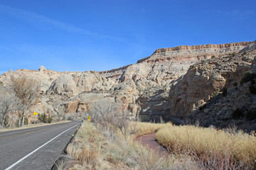 Road through Capitol Reef National Park, Utah, in winter	