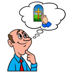 Thinking about Church - A cartoon illustration of a man thinking about Church Service.