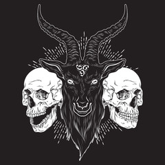 Baphomet demon goat head and human skulls hand drawn print or blackwork flash tattoo art design vector illustration.