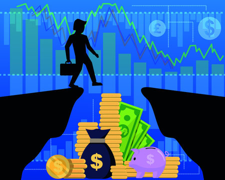 Businessman Using Money To Cross The Cliff. Economic Gap And Income Distribution Concept Vector.