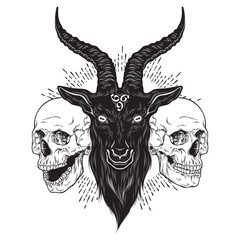 Baphomet demon goat head and human skulls hand drawn print or blackwork flash tattoo art design vector illustration.