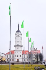 Mogilev, Belarus - March 2020. Beautiful old town in Mogilev city, Belarus. Town hall. 
Mogilev landmark, cultural heritage. City street with historical building.