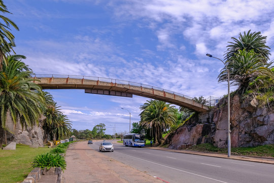 Footbridge from green Canteras Del Parque Rodo park to Plaza Del Carnaval square, Montevideo, Uruguay