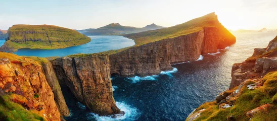 Acrylic prints Deep brown Sorvagsvatn Lake and Waterfall into the Ocean in Western Faroe Island