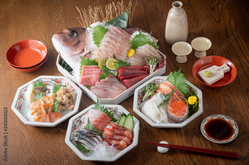 Wall mural Sashimi arranged in the original shape of red snapper