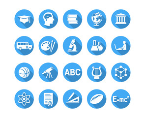 Education and school icons. Set of blue round buttons