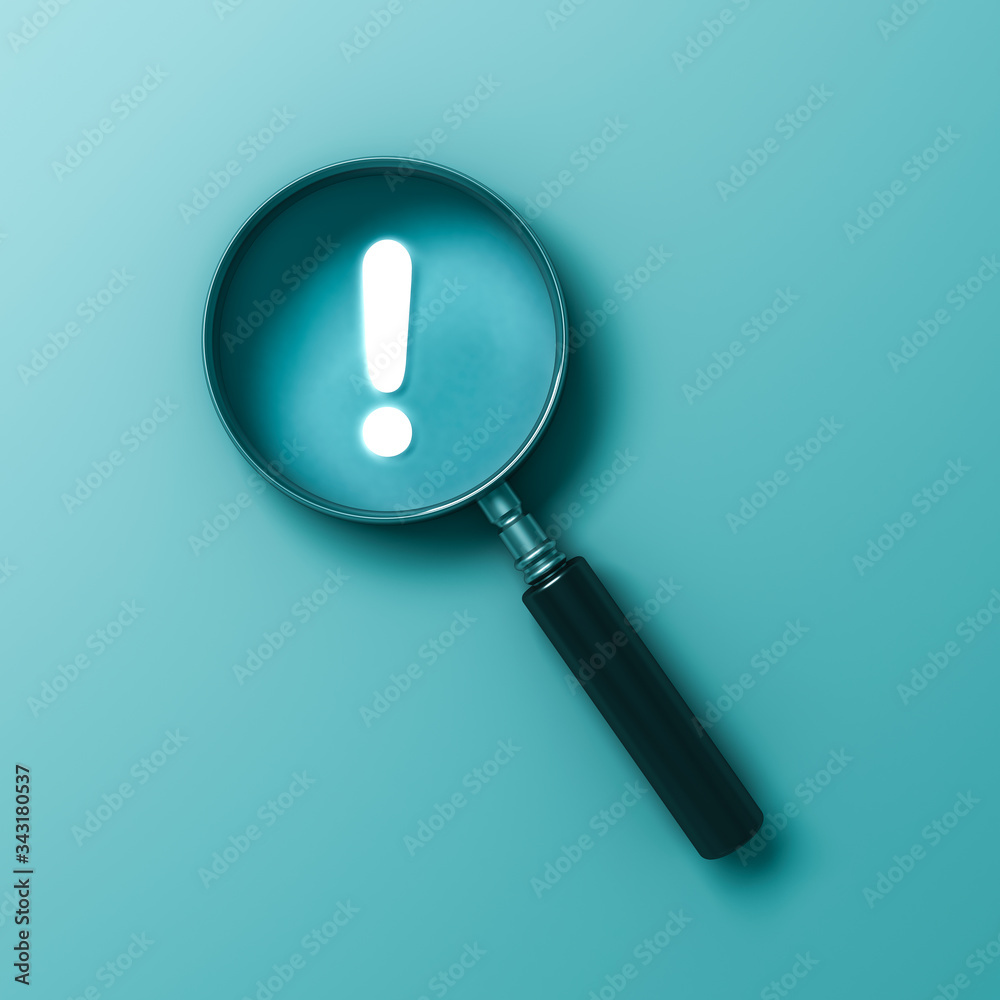 Aufkleber magnifying glass with neon light exclamation mark isolated on light blue green pastel color wall bac