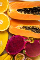 Exotic fruits on white tray
