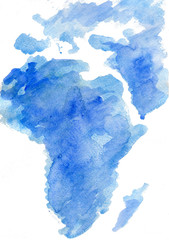 map of africa in blue, abstract watercolor painting isolated on white background