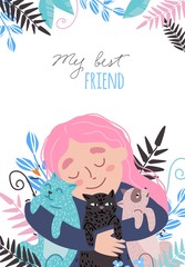 Girl hugging their pets. A girl with cats in her arms