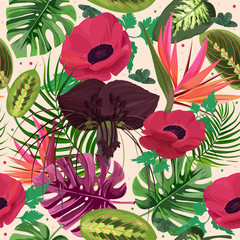 Colorful tropical floral background. Exotic plant seamless pattern.