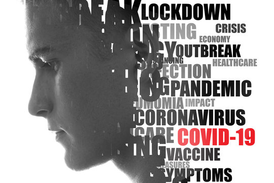 Coronavirus word cloud. Double exposure portrait.