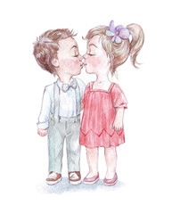 little boy and girl kissing