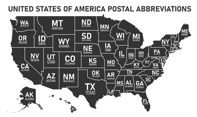 USA map with borders and abbreviations for US states. Black color states with white inscriptions. Flat style vector illustration isolated on white background. - obrazy, fototapety, plakaty