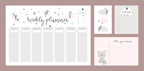 Set of wish list template, sticker book, weekly planner page with flowers, animal in cartoon style. Stationery digital print. Pastel colors. Flat lay, organizer mock up. Vector illustration