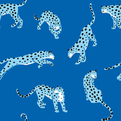 Vector seamless pattern with light-blue leopards on blue background.