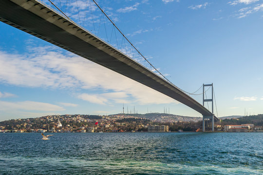 Bosporus Bridge in sunny day. Shot from Ortakoy district, Istanbul Turkey