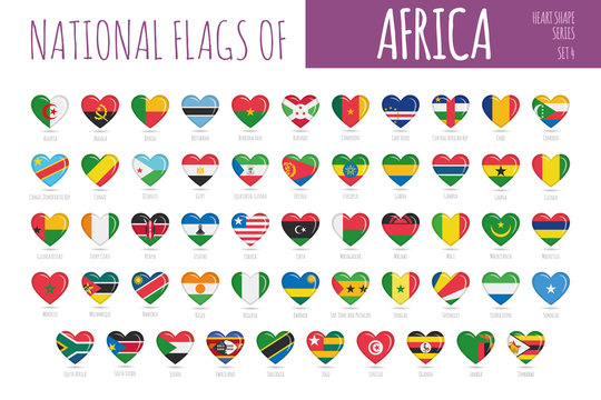 Set of 54 heart shaped flags of the countries of Africa. Icon set Vector Illustration.