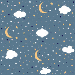Night sky background stars, clouds and moon vector illustration 