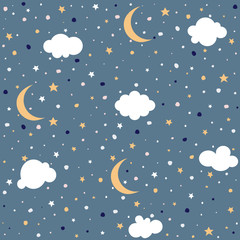 Naklejka premium Night sky background stars, clouds and moon vector illustration 