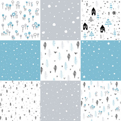 Hand drawn winter pattern set and vector illustration