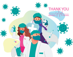 Fototapeta premium Stop Coronavirus concept banner. Thank you doctors and nurses teamwork in the hospitals and fighting the coronavirus. Stock vector illustration