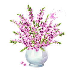 Naklejka na ściany i meble Vase with Purple heather flowers, symbol of good luck