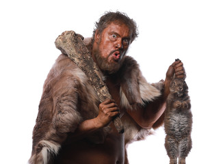 Neanderthal man, Ice Age, caveman with a hare - obrazy, fototapety, plakaty