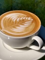 Cup of Cappuccino with a leaf shaped foam on a glass table in a garden