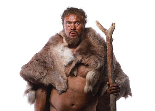 cave ancient man with a club , Ice Age