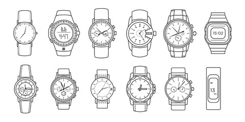 Watch wrist vector outline set icon. Isolated outline set icon wristwatch. Vector illustration clock on white background .