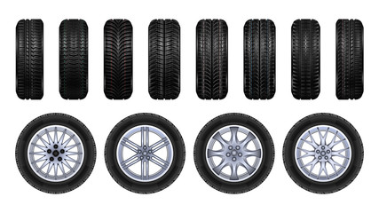 Tire wheels realistic set icon. Vector illustration rubber wheels on white background. Vector realistic set icon tire wheels .