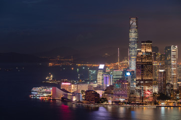 View of Financial district of Hong Kong in overcast day in monsoon morning