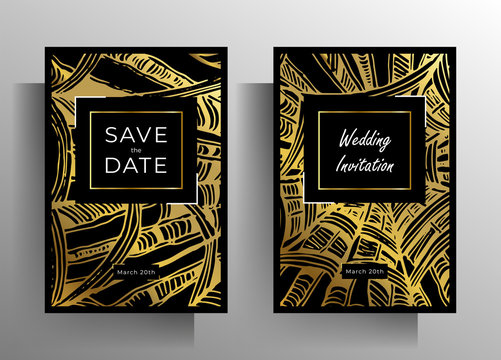Design wedding invitation card set. Gold and black elements are hand-drawn. Vector 10 EPS.