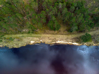 Top down view of Gauja river coastline with a cloud reflection