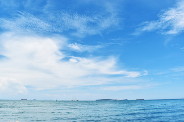 Naklejka na ściany i meble Ocean horizon nature background. Blue sea water surface on sky.