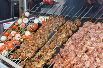 Barbecue skewers meat kebabs with vegetables