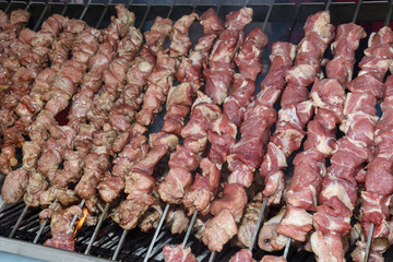 Barbecue skewers meat kebabs with vegetables