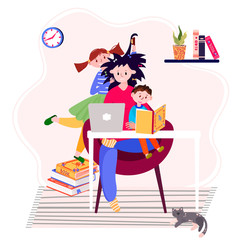 Stay home and working online during quarantine. Tired mother with kids has distant job. Freelancer with laptop in her workplace. Concept of stressful situation for woman with children and work.