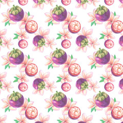 Watercolor exotic fruit seamless pattern. Hand drawn texture with papaya, mangosteen, coconut, pineapple and tropical flowers on white background. Summer wallpaper design